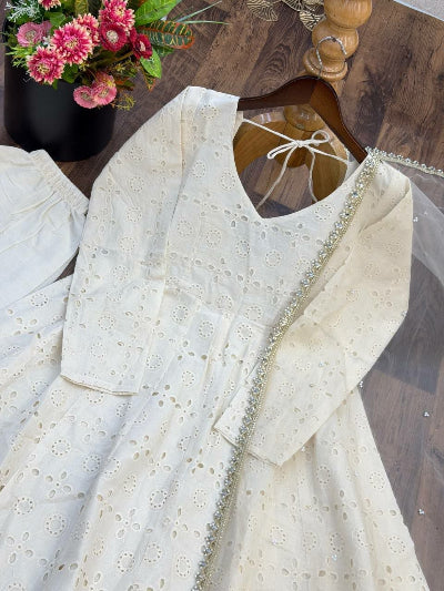 Creamy White Schiffli Work Anarkali Suit Set