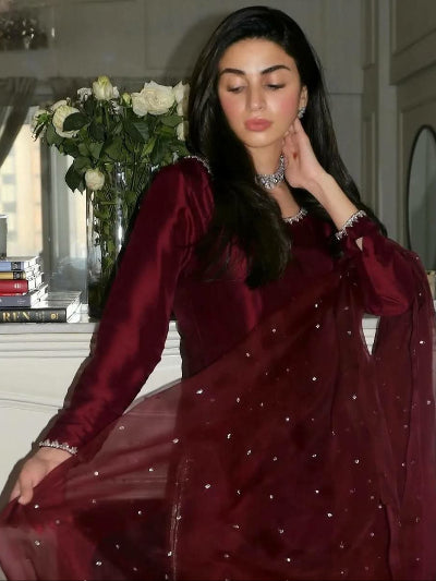 Deep Maroon Silk Embroidery Straight Suit