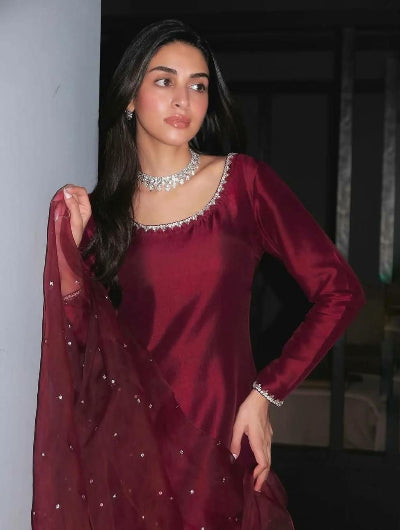 Deep Maroon Silk Embroidery Straight Suit