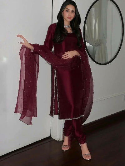 Deep Maroon Silk Embroidery Straight Suit