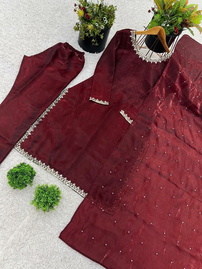 Deep Maroon Silk Embroidery Straight Suit