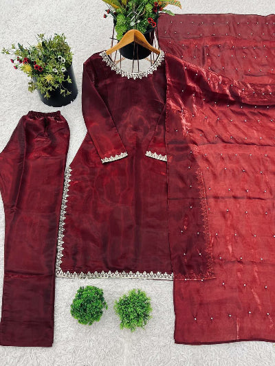 Deep Maroon Silk Embroidery Straight Suit