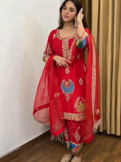 Red Embroidery Sequin Crepe Silk Kurti Pant Dupatta Set