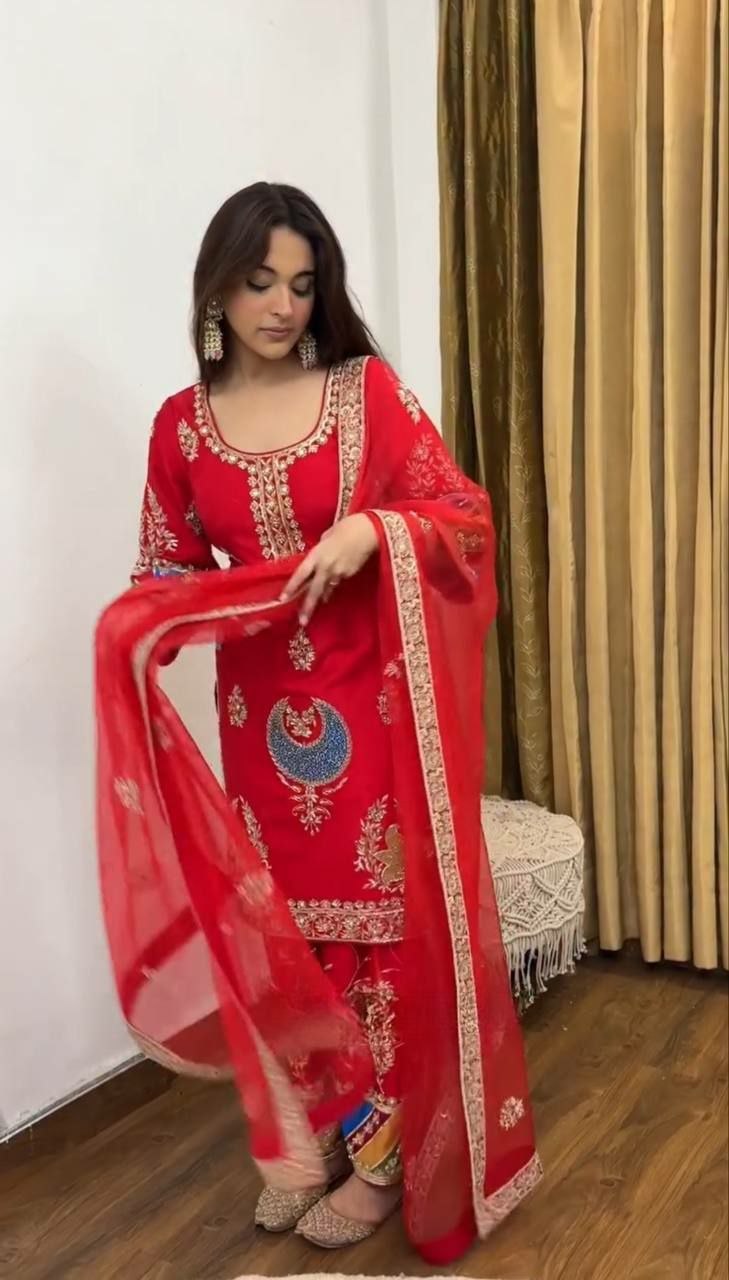 Red Embroidery Sequin Crepe Silk Kurti Pant Dupatta Set