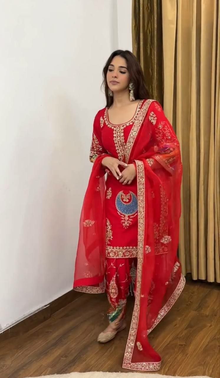 Red Embroidery Sequin Crepe Silk Kurti Pant Dupatta Set