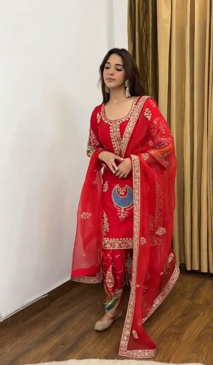 Red Embroidery Sequin Crepe Silk Kurti Pant Dupatta Set