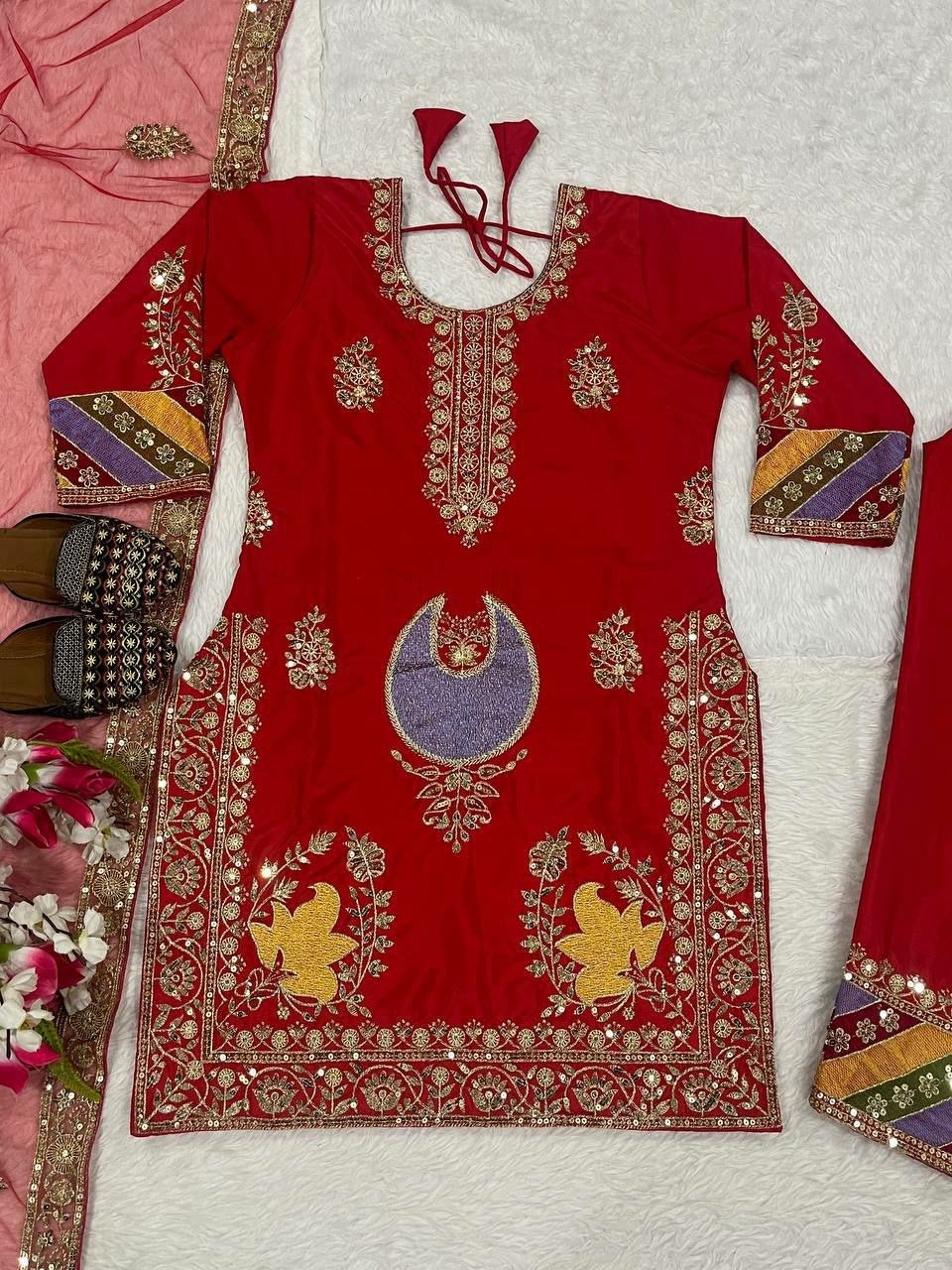 Red Embroidery Sequin Crepe Silk Kurti Pant Dupatta Set