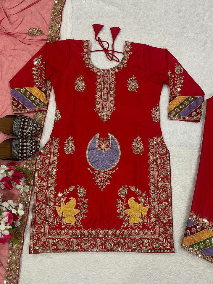 Red Embroidery Sequin Crepe Silk Kurti Pant Dupatta Set