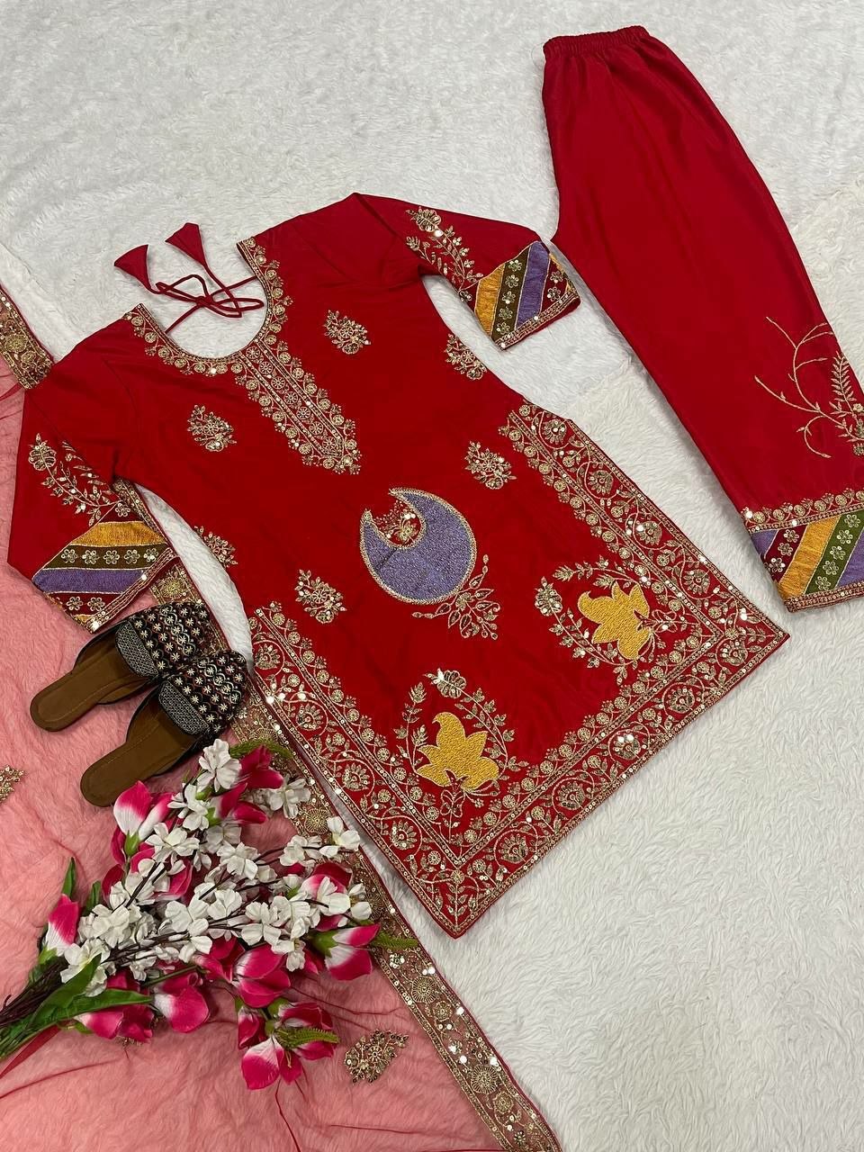 Red Embroidery Sequin Crepe Silk Kurti Pant Dupatta Set