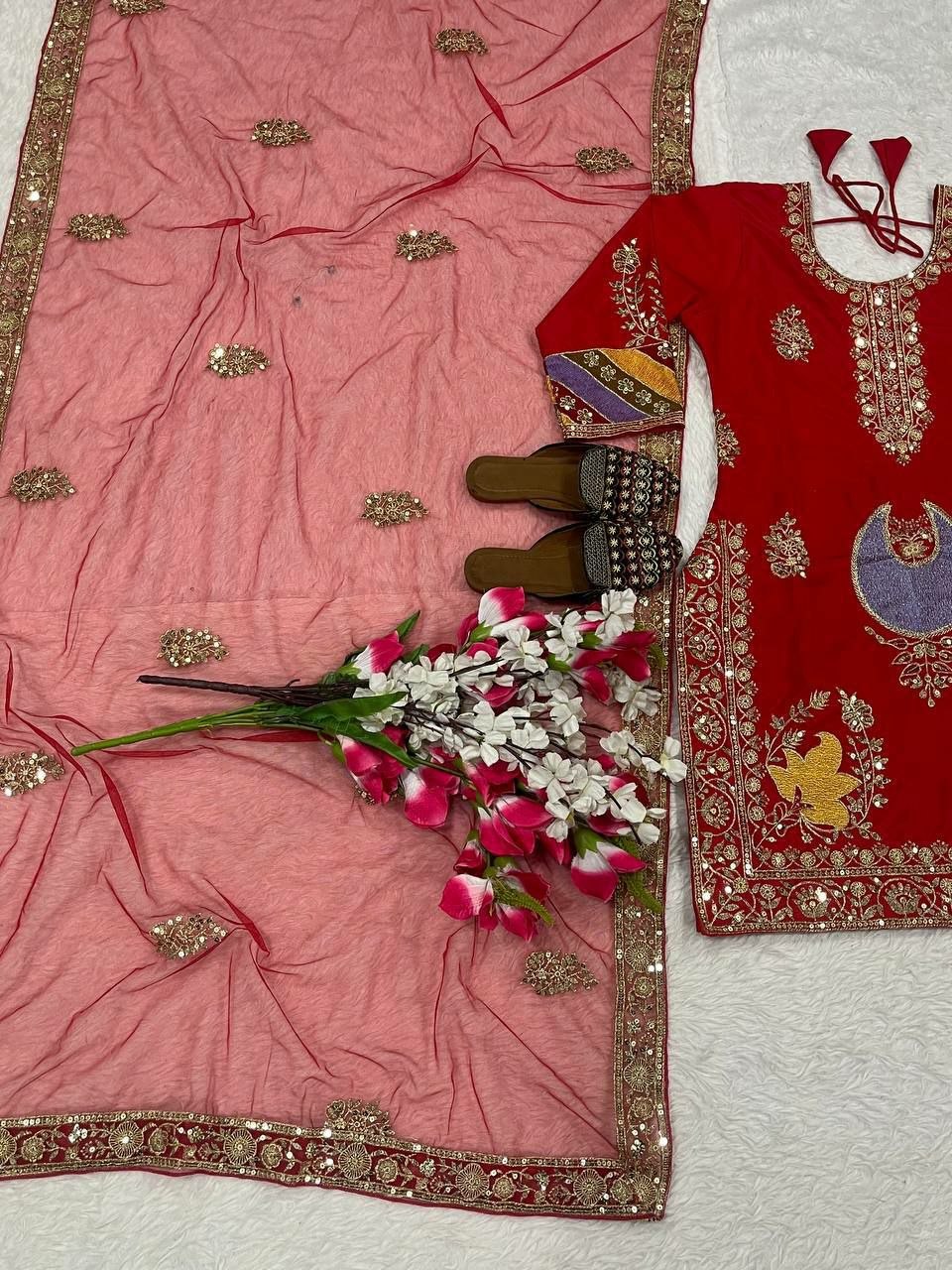 Red Embroidery Sequin Crepe Silk Kurti Pant Dupatta Set