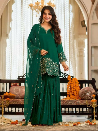 Embroidered Chinon Silk Sharara Suit Set with Organza Dupatta