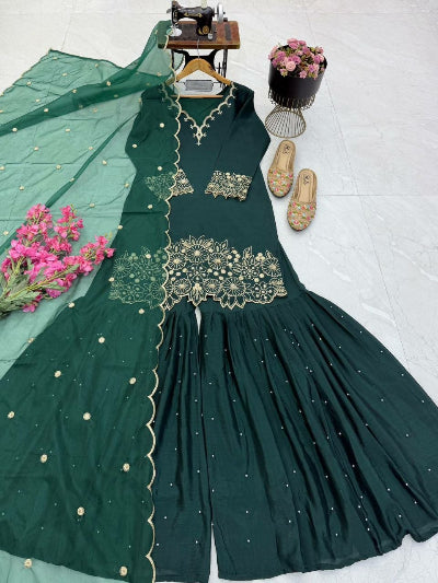 Embroidered Chinon Silk Sharara Suit Set with Organza Dupatta