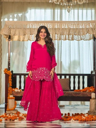 Embroidered Chinon Silk Sharara Suit Set with Organza Dupatta