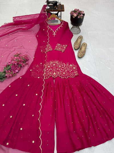 Embroidered Chinon Silk Sharara Suit Set with Organza Dupatta