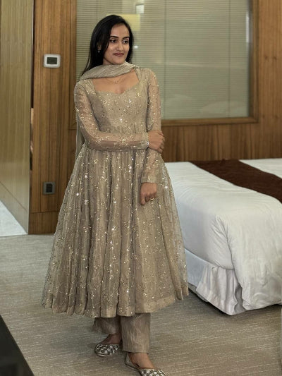 Taupe Embroidered Sequin Anarkali Gown Set with Pant &amp; Dupatta