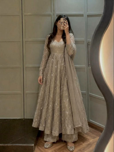Taupe Embroidered Sequin Anarkali Gown Set with Pant &amp; Dupatta