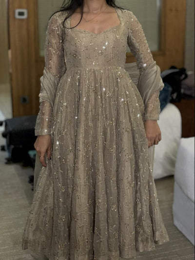 Taupe Embroidered Sequin Anarkali Gown Set with Pant &amp; Dupatta