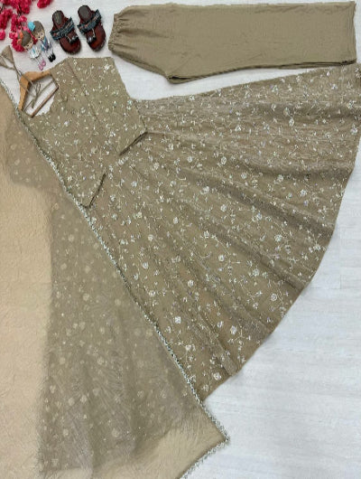 Taupe Embroidered Sequin Anarkali Gown Set with Pant &amp; Dupatta