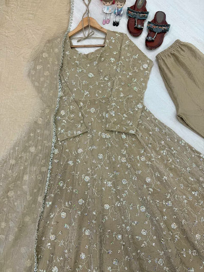Taupe Embroidered Sequin Anarkali Gown Set with Pant &amp; Dupatta