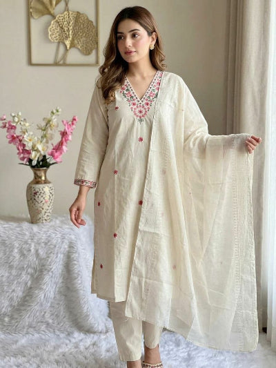 Ivory Khadi Cotton Straight Suit Set