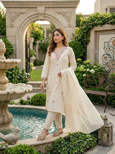 Ivory Khadi Cotton Straight Suit Set