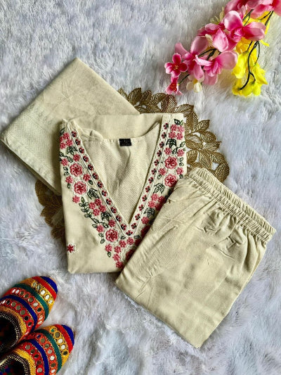 Ivory Khadi Cotton Straight Suit Set