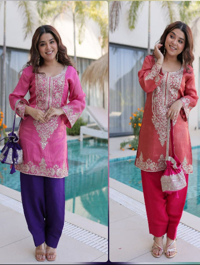 Festive Special Rani Pink &amp; Coral Kurti Pant Set Free Potli