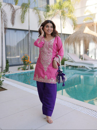 Festive Special Rani Pink &amp; Coral Kurti Pant Set Free Potli