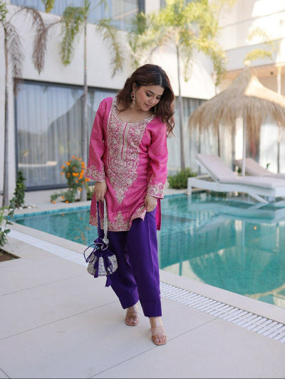 Festive Special Rani Pink &amp; Coral Kurti Pant Set Free Potli