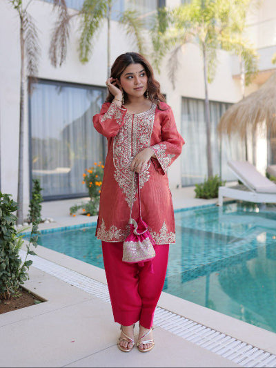 Festive Special Rani Pink &amp; Coral Kurti Pant Set Free Potli