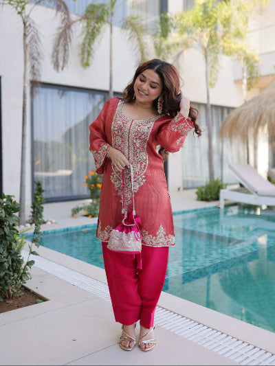 Festive Special Rani Pink &amp; Coral Kurti Pant Set Free Potli