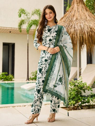 Green White Printed Silk Blend Salwar Suit Set - BONYHUBSALWAR KAMEEZ