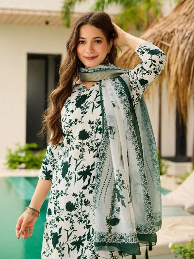 Green White Printed Silk Blend Salwar Suit Set - BONYHUBSALWAR KAMEEZ