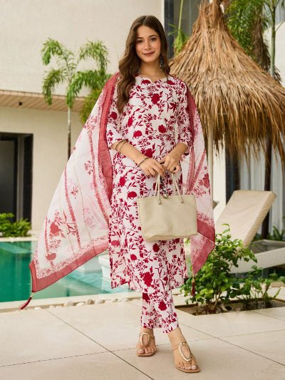 Red White Printed Silk Blend Salwar Suit Set - BONYHUBSALWAR KAMEEZ