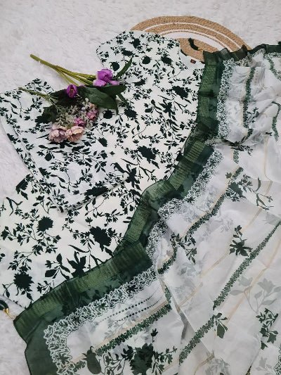 Green White Printed Silk Blend Salwar Suit Set - BONYHUBSALWAR KAMEEZ