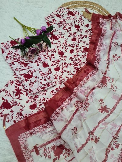 Red White Printed Silk Blend Salwar Suit Set - BONYHUBSALWAR KAMEEZ
