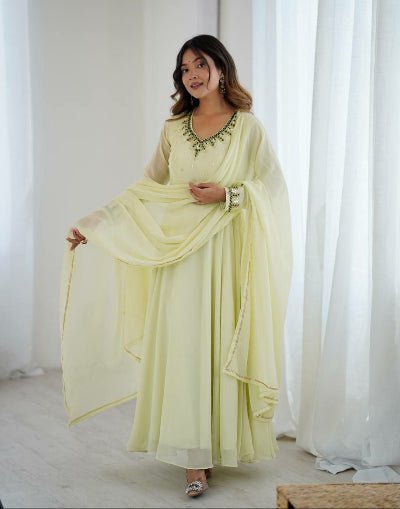 Light Cream Georgette Handwork Anarkali Suit Set - BONYHUBSALWAR KAMEEZ