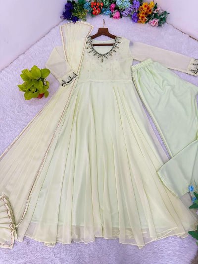 Light Cream Georgette Handwork Anarkali Suit Set - BONYHUBSALWAR KAMEEZ
