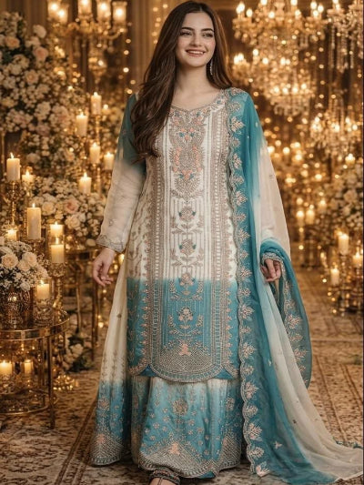 Blue &amp; White Embroidery Georgette Sharara Palazzo Set