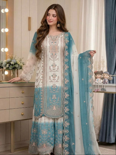 Blue &amp; White Embroidery Georgette Sharara Palazzo Set