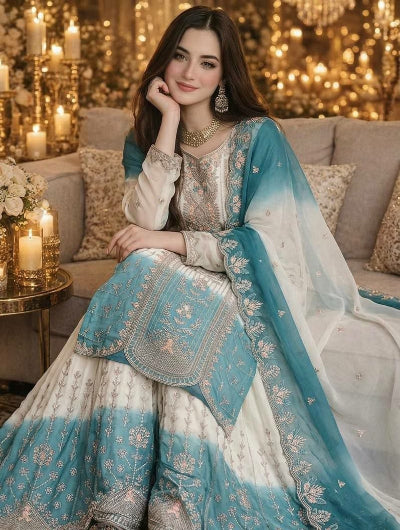 Blue &amp; White Embroidery Georgette Sharara Palazzo Set