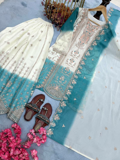 Blue &amp; White Embroidery Georgette Sharara Palazzo Set