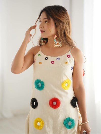 Off White Khadi Cotton Mirror Khatli Work Punjabi Dhoti Kurti Set Of 2 - BONYHUBSALWAR KAMEEZ