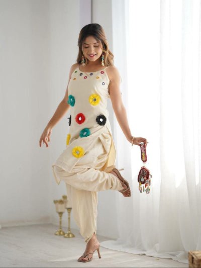 Off White Khadi Cotton Mirror Khatli Work Punjabi Dhoti Kurti Set Of 2 - BONYHUBSALWAR KAMEEZ