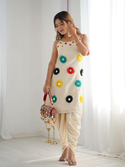 Off White Khadi Cotton Mirror Khatli Work Punjabi Dhoti Kurti Set Of 2 - BONYHUBSALWAR KAMEEZ