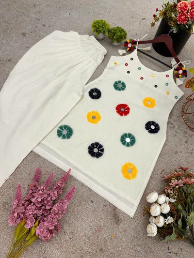 Off White Khadi Cotton Mirror Khatli Work Punjabi Dhoti Kurti Set Of 2 - BONYHUBSALWAR KAMEEZ