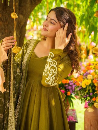 Mehandi Green Chiffon Sequence Work Anarkali Suit - BONYHUBSALWAR KAMEEZ