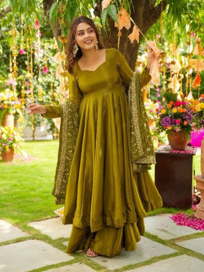 Mehandi Green Chiffon Sequence Work Anarkali Suit - BONYHUBSALWAR KAMEEZ