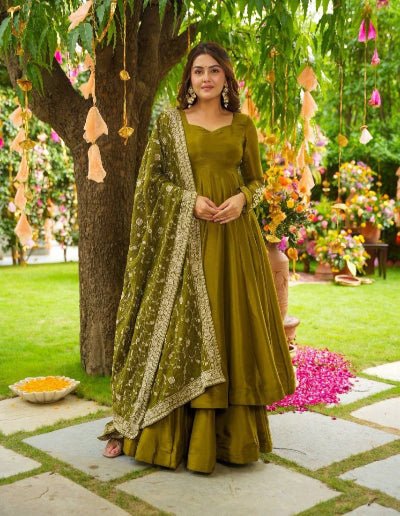 Mehandi Green Chiffon Sequence Work Anarkali Suit - BONYHUBSALWAR KAMEEZ
