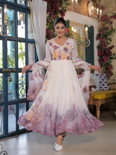 White & Purple Organza Floral Anarkali Suit - BONYHUBSALWAR KAMEEZ